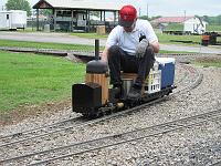  Mid-South Live Steamers, May 1, 2009 Spring Meet.  Here is Bill rounding the curve with the crab. The wood jacketing was installed earlier that week.